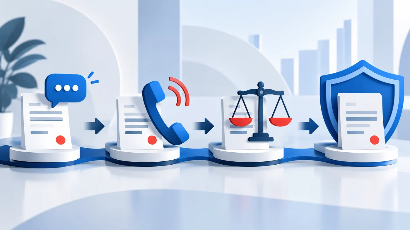 Geciken faturada hatırlatma, telefon ve resmî takip aşamalarını anlatan görsel